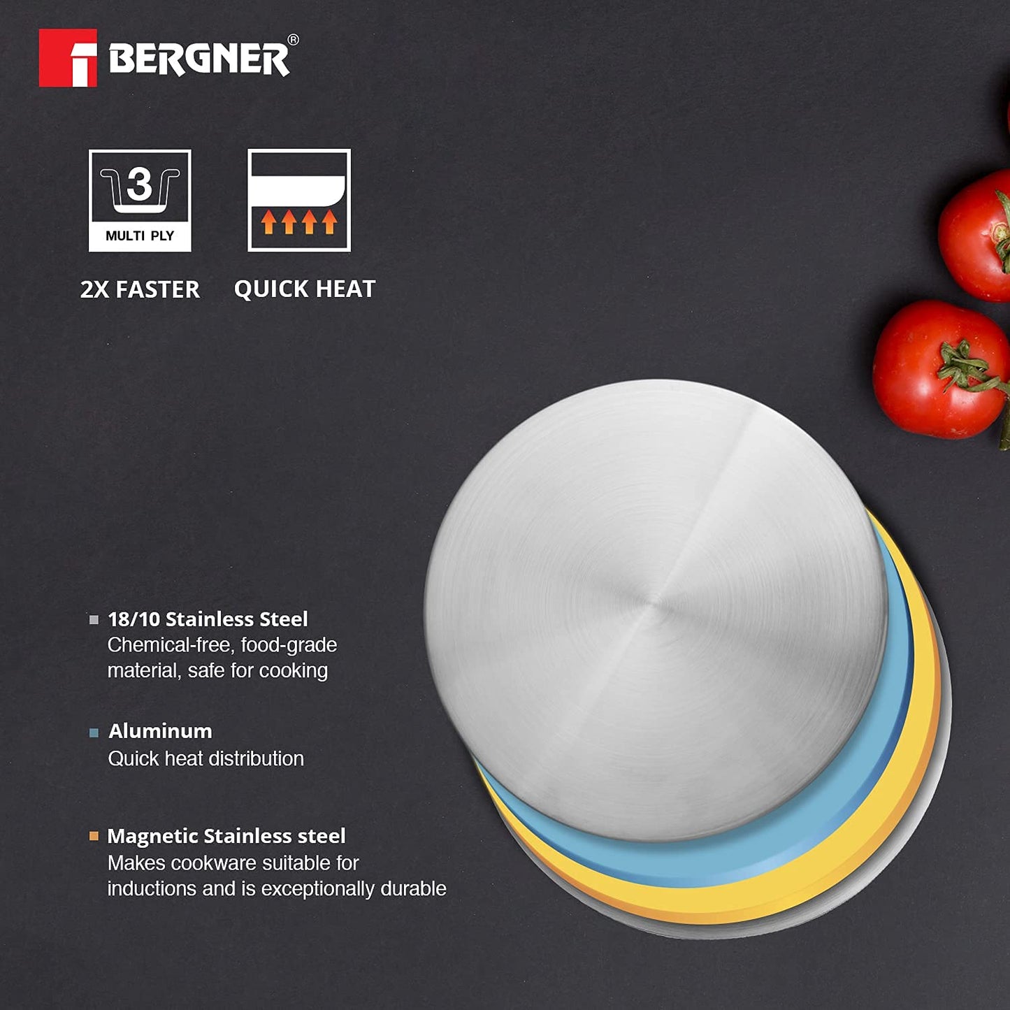 Bergner Argent TriPly Stainless Steel Tope with Stainless Steel Lid, Topia/Patila with Stainless Steel Lid, Food Safe, Durable, Dishwasher Safe, Induction and Gas Ready