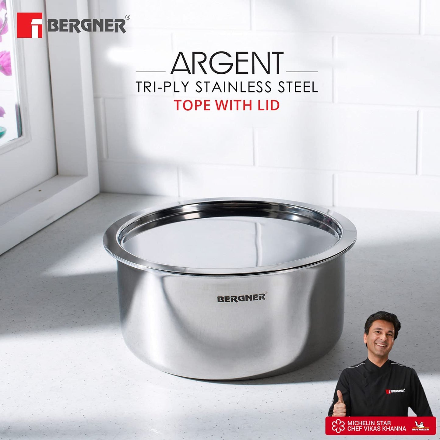 Bergner Argent TriPly Stainless Steel Tope with Stainless Steel Lid, Topia/Patila with Stainless Steel Lid, Food Safe, Durable, Dishwasher Safe, Induction and Gas Ready