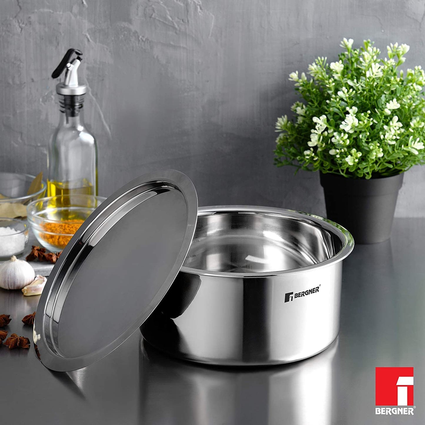 Bergner Argent TriPly Stainless Steel Tope with Stainless Steel Lid, Topia/Patila with Stainless Steel Lid, Food Safe, Durable, Dishwasher Safe, Induction and Gas Ready