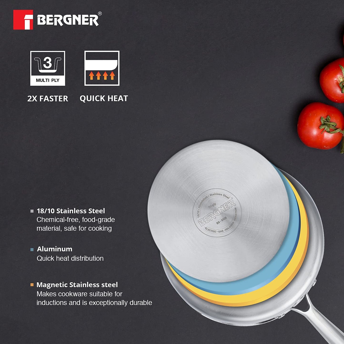 Bergner Argent TriPly Stainless Steel Milkpan/Saucepan, Stay Cool Cast Handle, Food Safe, Durable, Even Heat Distribution, Dishwasher Safe, Induction and Gas Ready, Silver