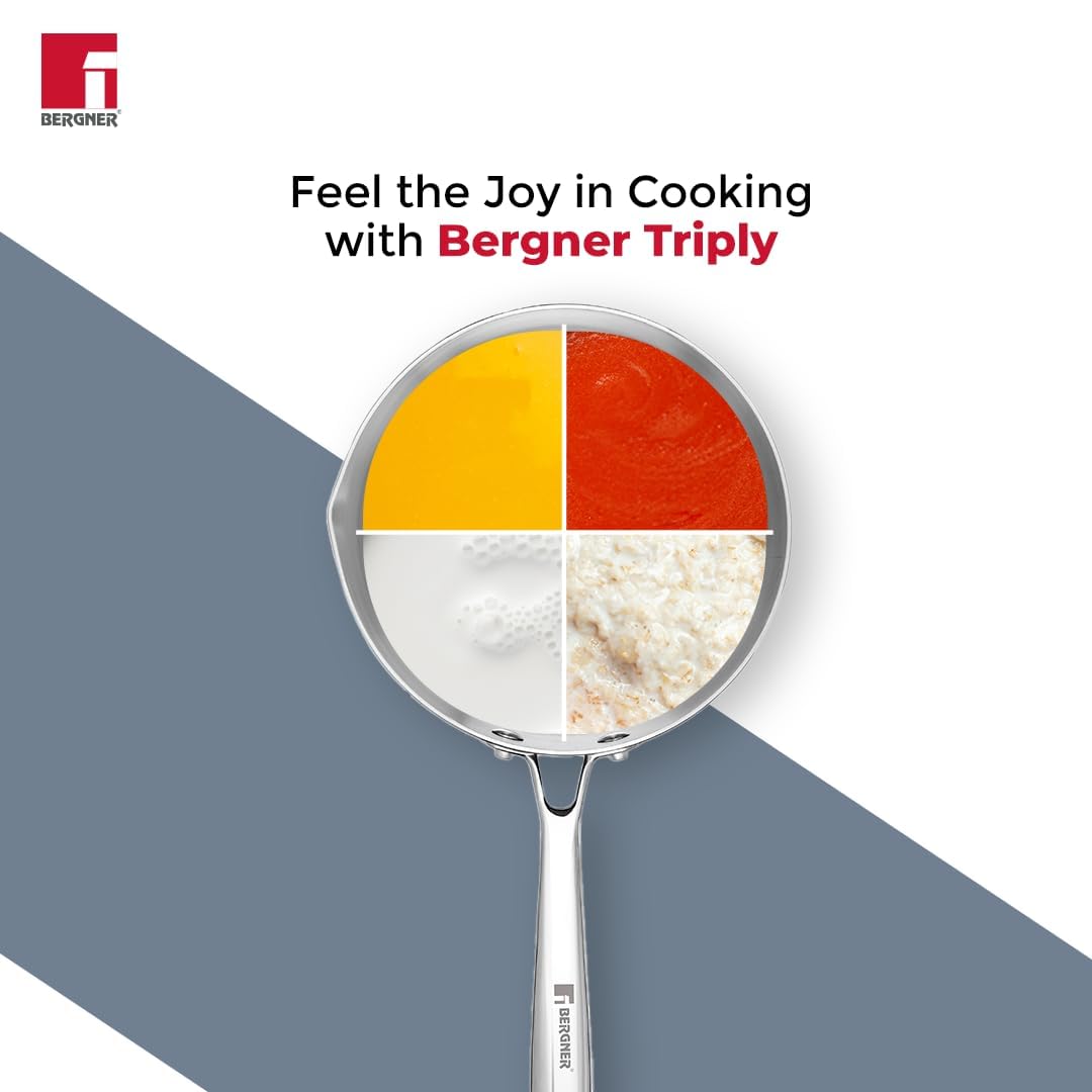 Bergner Argent TriPly Stainless Steel Milkpan/Saucepan, Stay Cool Cast Handle, Food Safe, Durable, Even Heat Distribution, Dishwasher Safe, Induction and Gas Ready, Silver