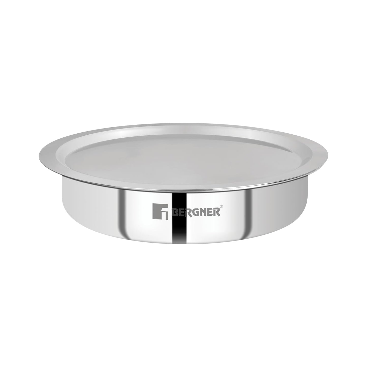 Bergner Argent TriPly Stainless Steel Lagdi with Stainless Steel Lid, Saute Pan with Lid, Food Safe, Durable, Dishwasher Safe, Induction and Gas Ready