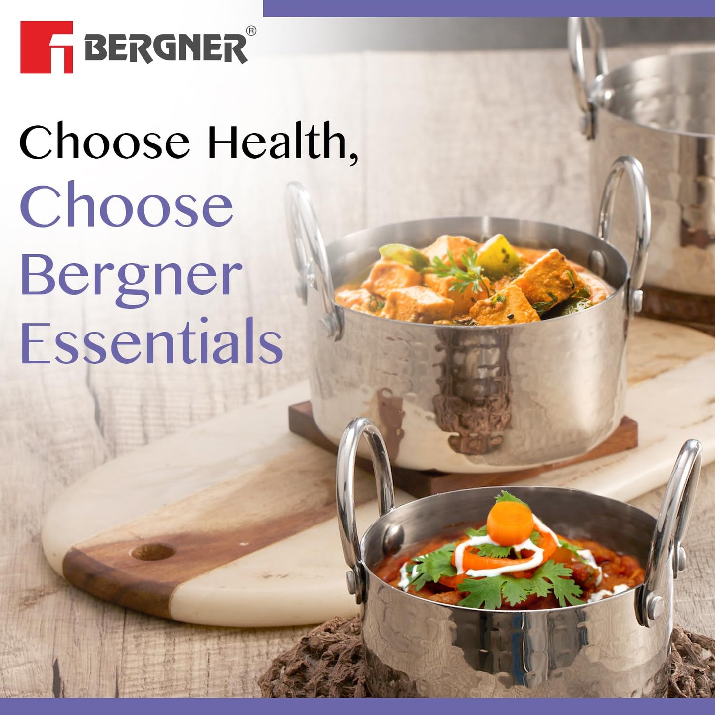 Bergner BE Bergner Essentials Stainless Steel Mini Hammered 3 Pcs Serving Set with Capacity of 10 cm / 400 ml, 12 cm / 700 ml & 14 cm / 1100 ml, 5-Year Warranty by Bergner, Silver