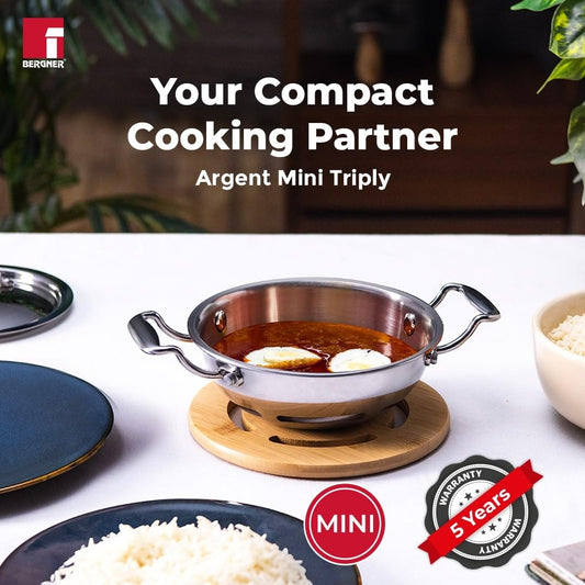 Bergner Argent Junior Chef Triply Stainless Steel Kadai with Stainless Steel Lid, Kadhai/Indian Wok, Durable Cookware, Mirror Finish, Induction Base and Gas Ready, Silver