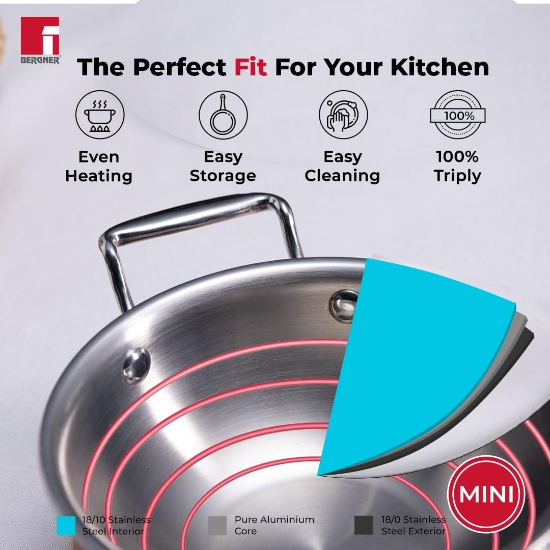 Bergner Argent Junior Chef Triply Stainless Steel Kadai with Stainless Steel Lid, Kadhai/Indian Wok, Durable Cookware, Mirror Finish, Induction Base and Gas Ready, Silver