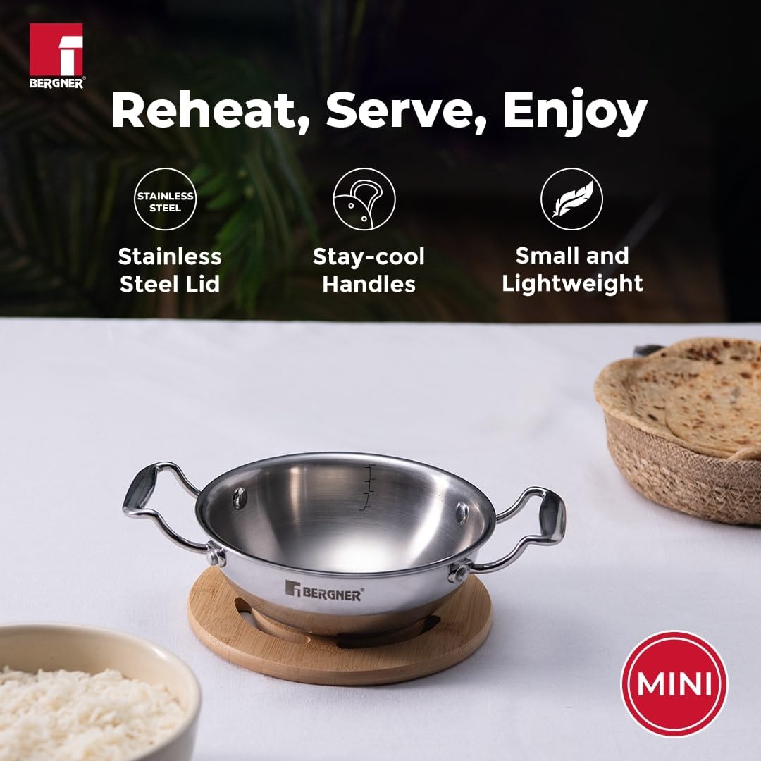Bergner Argent Junior Chef Triply Stainless Steel Kadai with Stainless Steel Lid, Kadhai/Indian Wok, Durable Cookware, Mirror Finish, Induction Base and Gas Ready, Silver