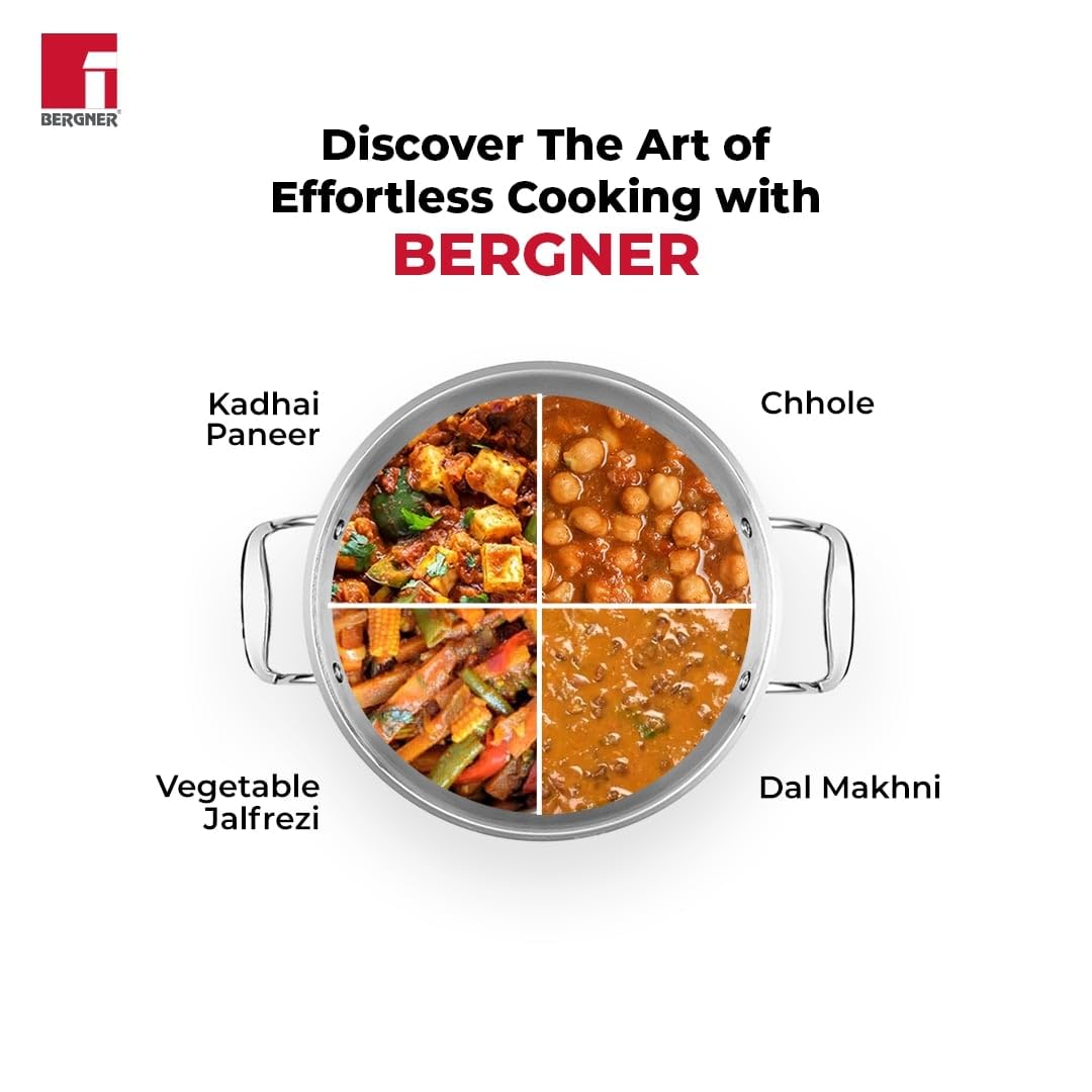 Bergner Argent Junior Chef Triply Stainless Steel Kadai with Stainless Steel Lid, Kadhai/Indian Wok, Durable Cookware, Mirror Finish, Induction Base and Gas Ready, Silver