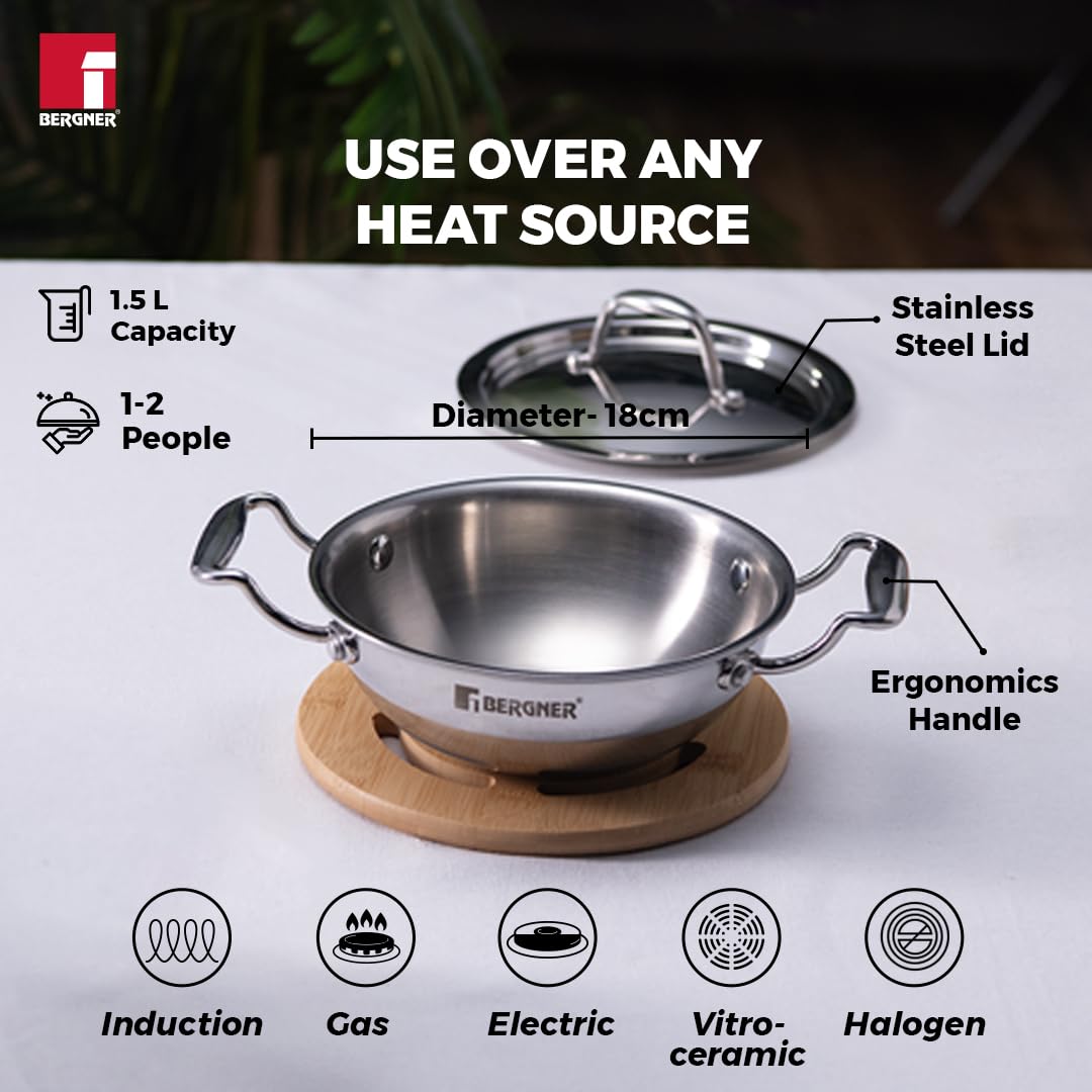 Bergner Argent Junior Chef Triply Stainless Steel Kadai with Stainless Steel Lid, Kadhai/Indian Wok, Durable Cookware, Mirror Finish, Induction Base and Gas Ready, Silver