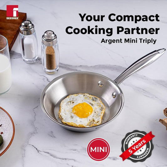 Bergner Argent Junior Chef Triply Stainless Steel Fryapn, Frying Pan, Sturdy and Durable, Mirror Finish, Easy To Clean, Induction Base and Gas Ready, Silver,
