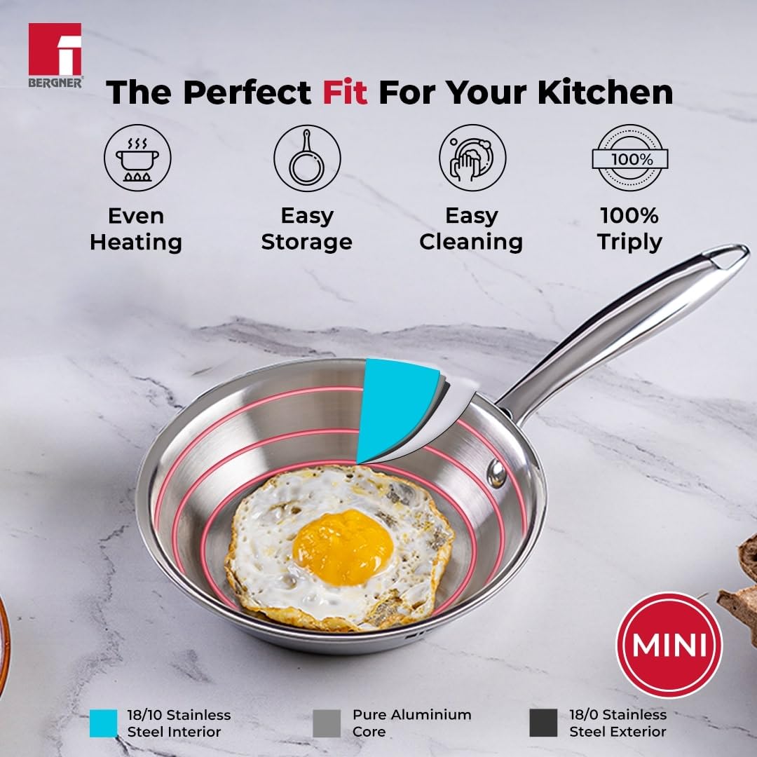 Bergner Argent Junior Chef Triply Stainless Steel Fryapn, Frying Pan, Sturdy and Durable, Mirror Finish, Easy To Clean, Induction Base and Gas Ready, Silver,