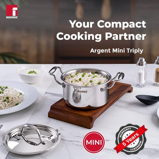 Bergner Argent Junior Chef Triply Stainless Steel Casserole with Stainless Steel Lid, Casserole, Durable Cookware, Mirror Finish, Induction Base and Gas Ready, Silver