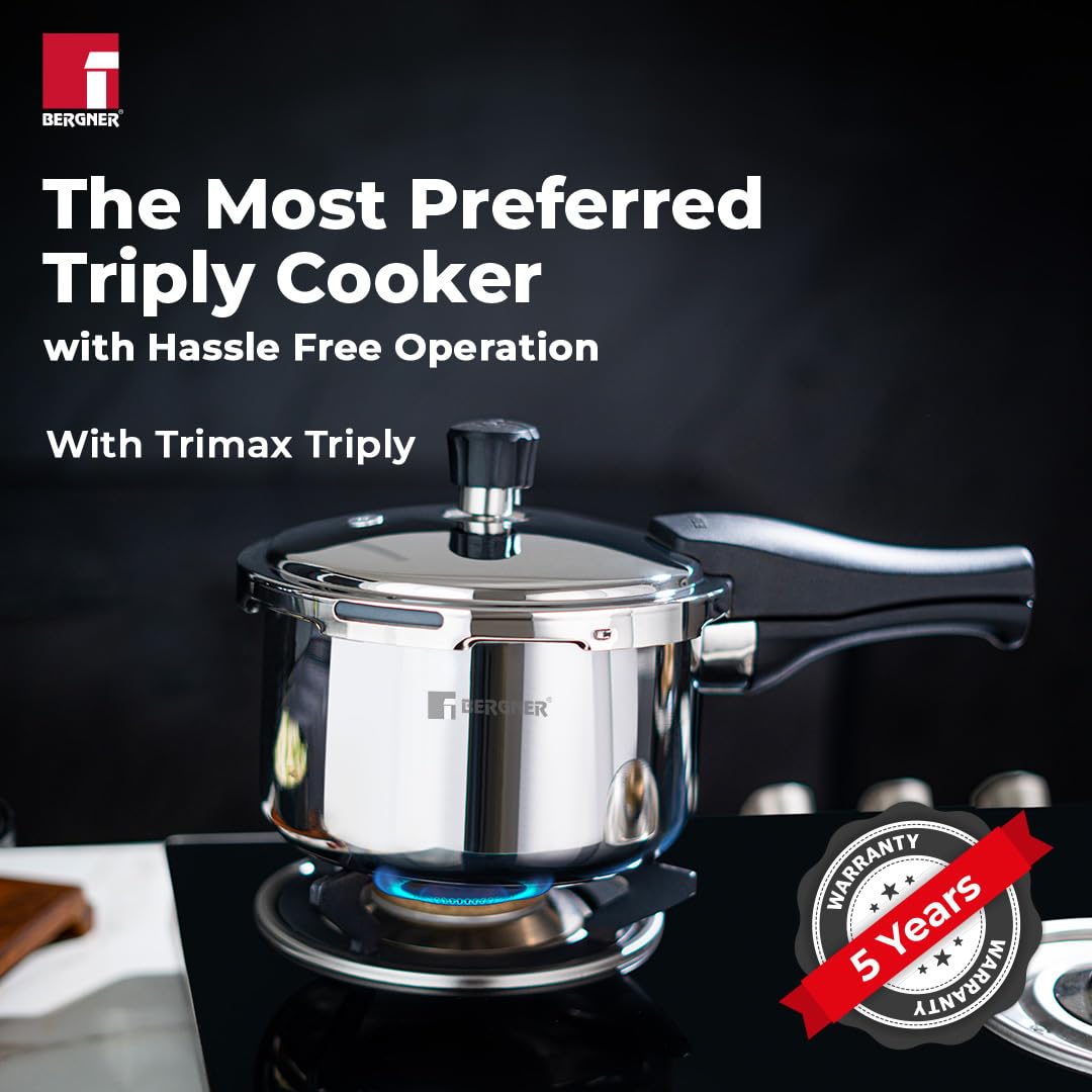 Bergner Trimax Stainless Steel Outer Lid Pressure Cooker | Silver Steel Cooker | Durable Triply Construction | Easy Locking | Silicone Gasket | Induction & Gas Ready