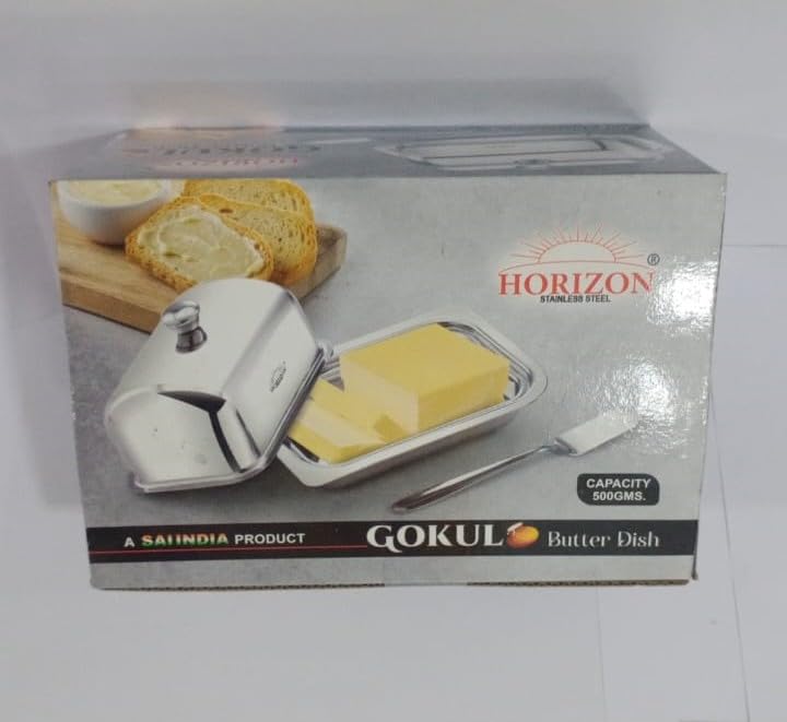 HORIZON Gokul Butter Dish Fits One Stick of Butter | Ideal Butter & Coconut Butter in Fridge | Stainless Steel Covered Butter Dish Dishwasher Safe (Silver Color)