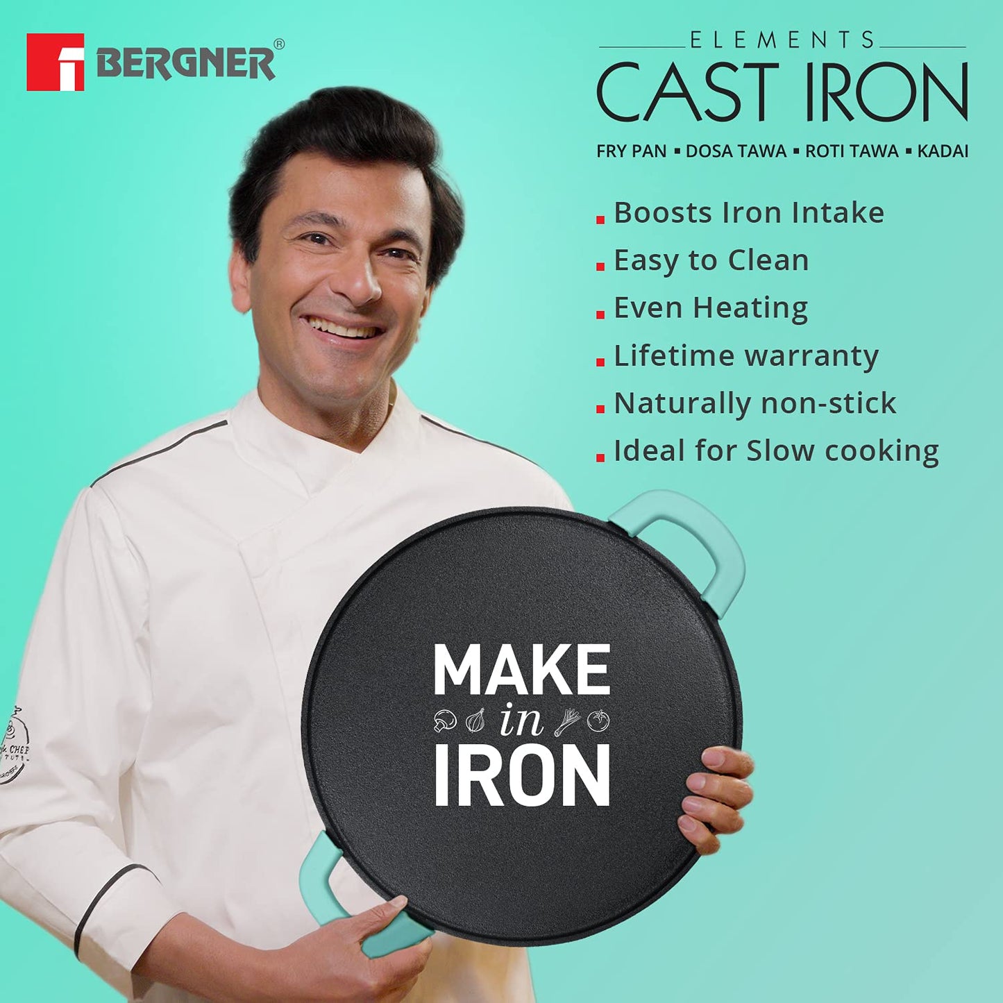 Bergner Elements Cast Iron 30 cm Flat Tawa, Pre-Seasoned, for Paratha/Dosa/Pav Bhaji/Wraps/Tortilla/Uttapam/Pancake/Crepe/Eggs/Toast, 2X Teal Blue Silicone Handles, Induction & Gas Ready