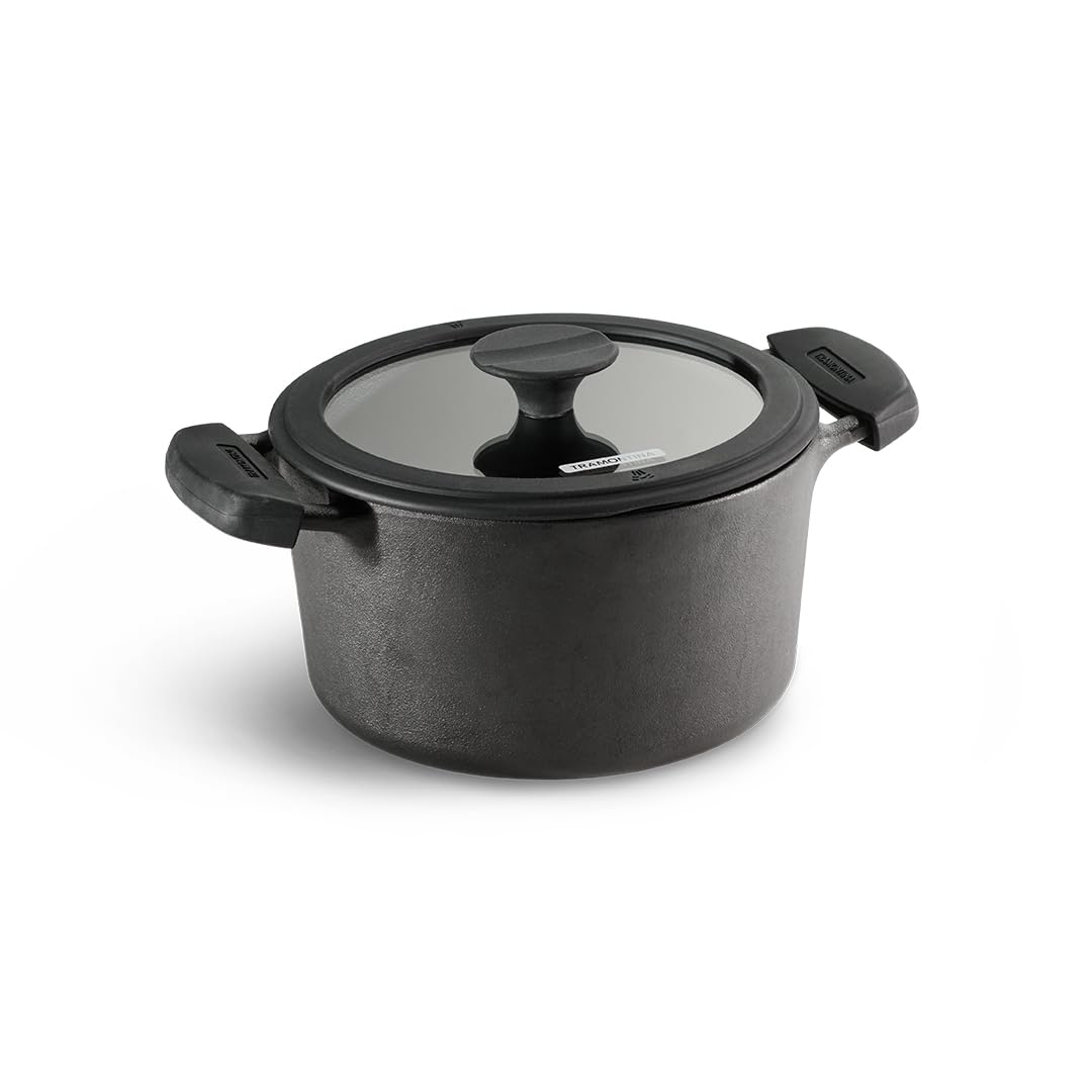 Tramontina Titanex Pre-Seasoned Cast Iron Biryani Pot Non-Toxic, Induction Ready, Toughned Glass Lid with Steam Release, Snap-On Cool Touch Grips, Excellent Heat Retention & Even Heating