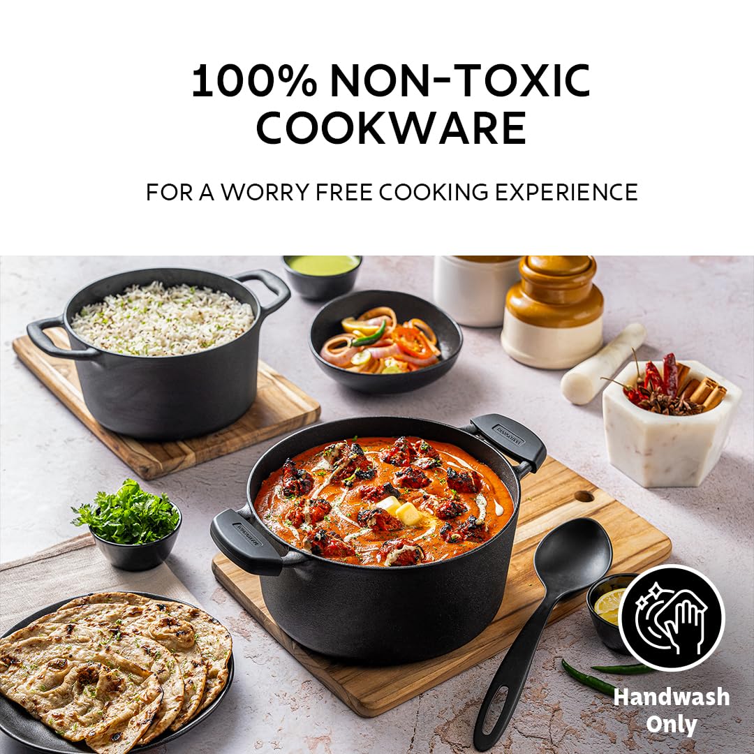 Tramontina Titanex Pre-Seasoned Cast Iron Biryani Pot Non-Toxic, Induction Ready, Toughned Glass Lid with Steam Release, Snap-On Cool Touch Grips, Excellent Heat Retention & Even Heating