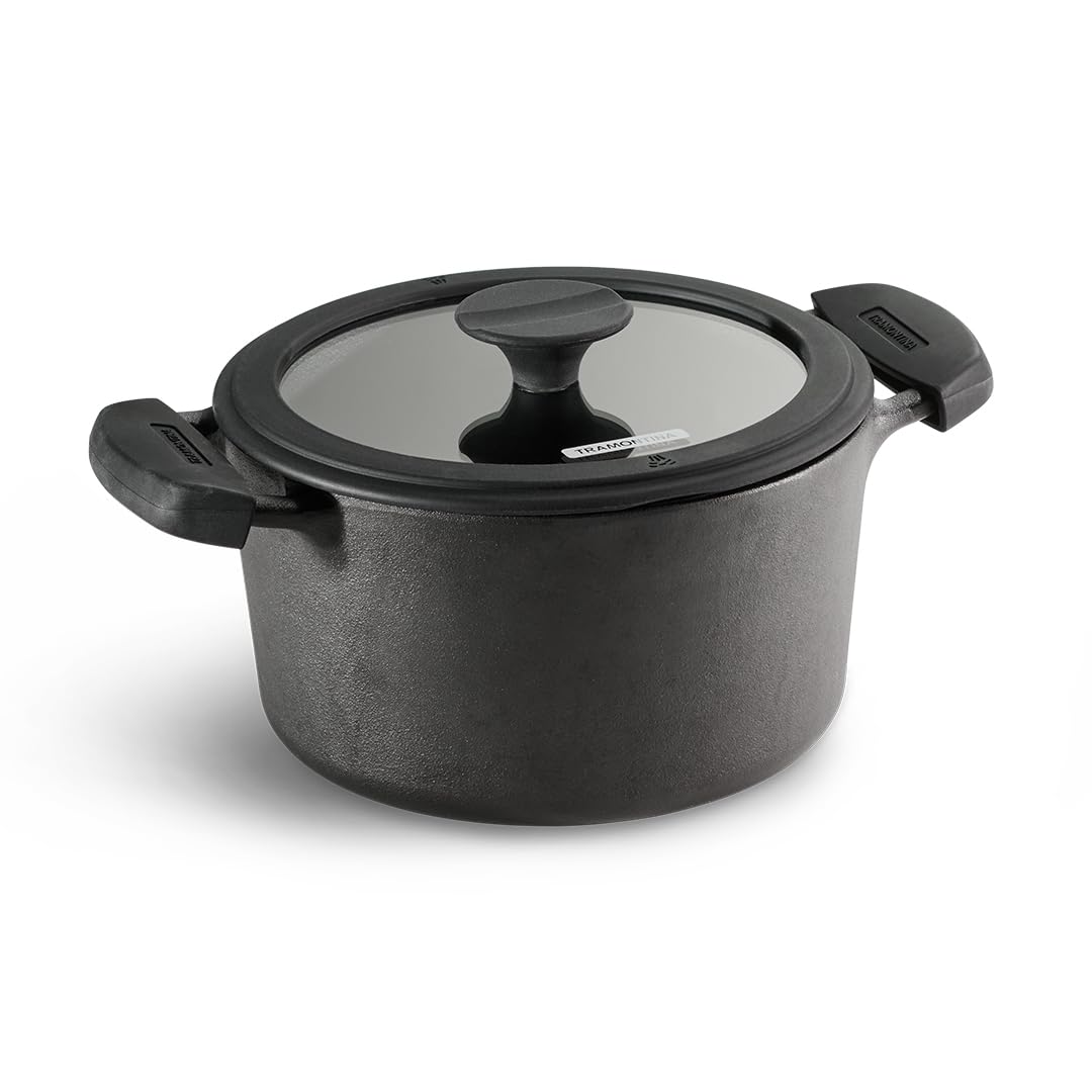Tramontina Titanex Pre-Seasoned Cast Iron Biryani Pot Non-Toxic, Induction Ready, Toughned Glass Lid with Steam Release, Snap-On Cool Touch Grips, Excellent Heat Retention & Even Heating