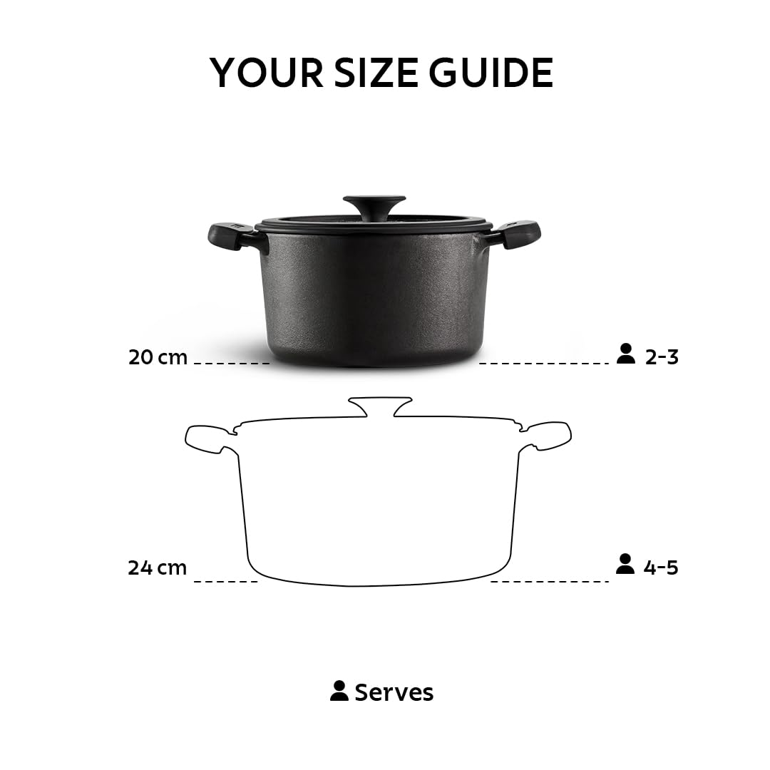 Tramontina Titanex Pre-Seasoned Cast Iron Biryani Pot Non-Toxic, Induction Ready, Toughned Glass Lid with Steam Release, Snap-On Cool Touch Grips, Excellent Heat Retention & Even Heating