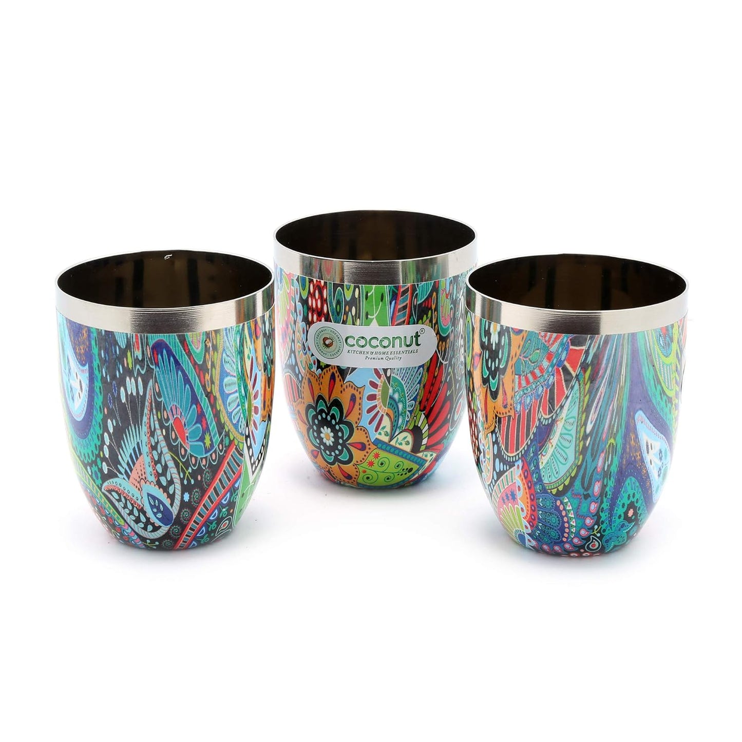 coconut Stainless Steel - Designer Glass Set for Home & Office | Multipurpose Beautiful Designer Glass Set | Ideal for Serving Water, Juice, Cold Drinks & Lemonade | Ideal Gift Choice | Pack of 3