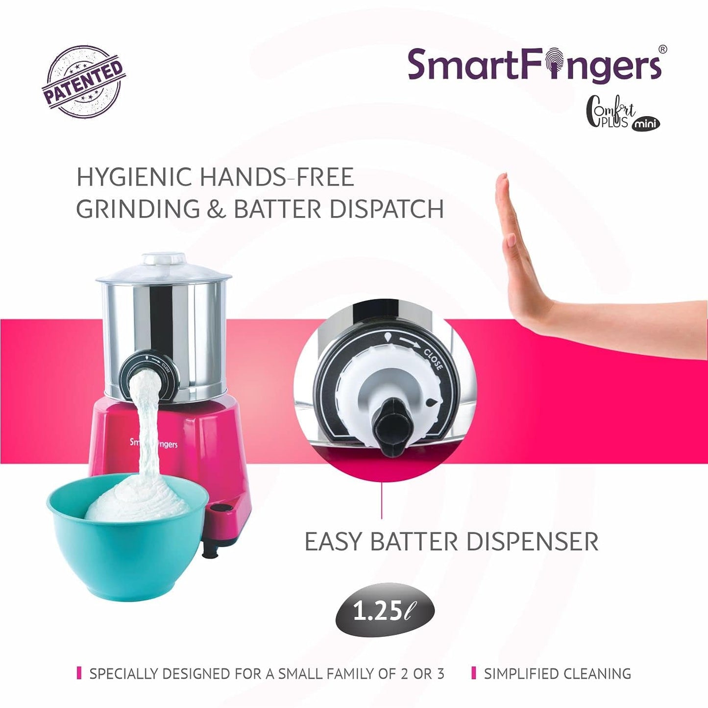 SmartFingers Comfort Plus Mini Table Top Wet Grinder 230V 50hz, 1.25 Liter, Pink