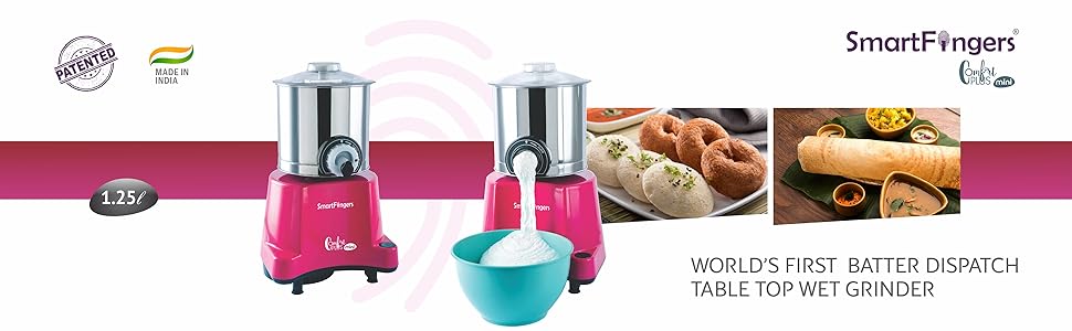 SmartFingers Comfort Plus Mini Table Top Wet Grinder 230V 50hz, 1.25 Liter, Pink