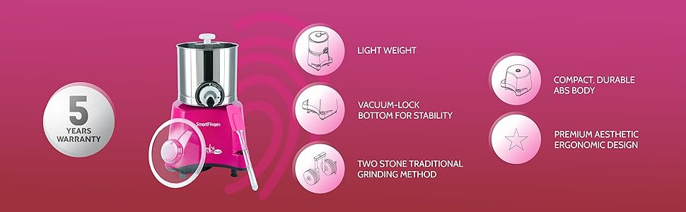 SmartFingers Comfort Plus Mini Table Top Wet Grinder 230V 50hz, 1.25 Liter, Pink