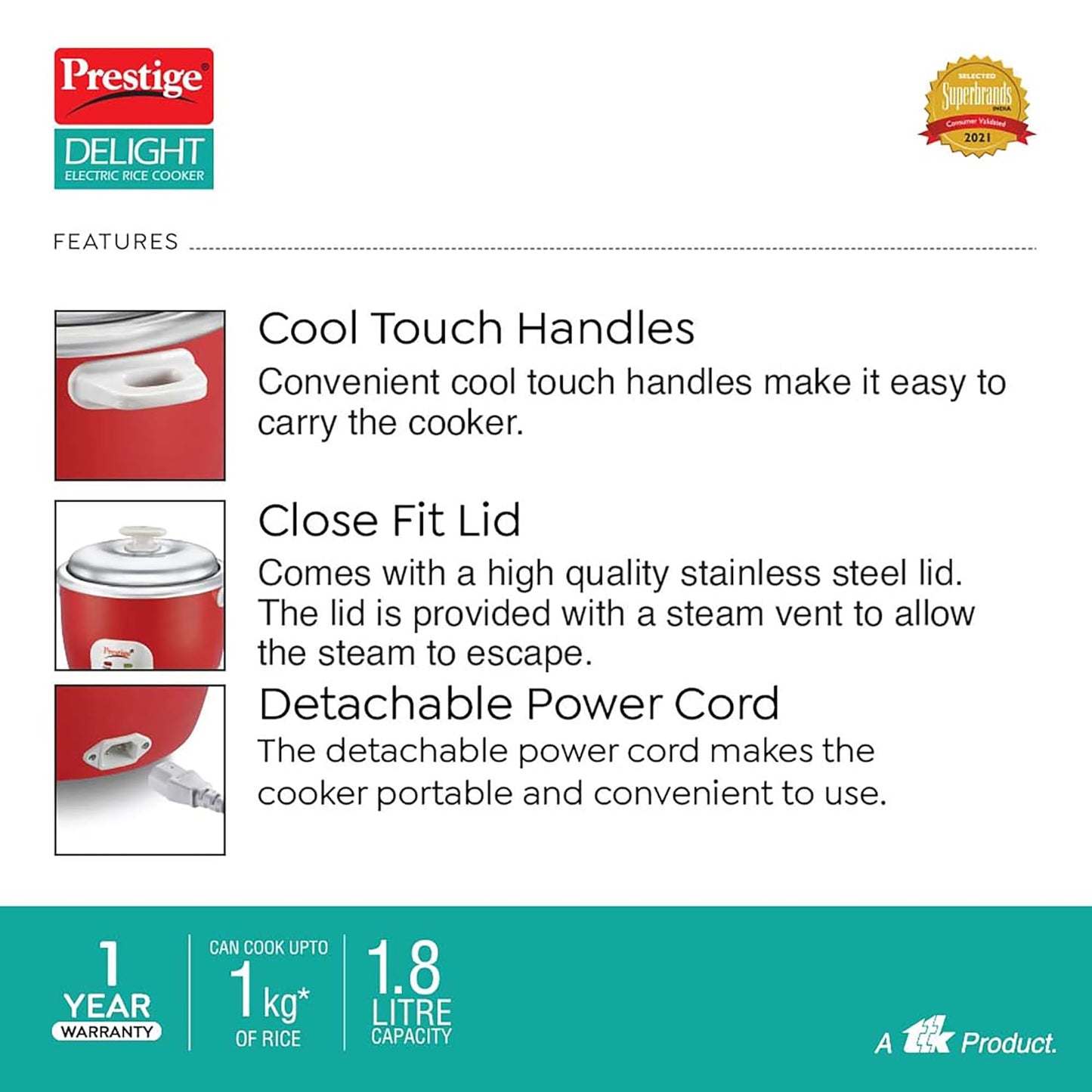 Prestige Delight Cute 1.8 SS Bowl Electric Rice Cooker(1.8L for Rice-Open Type, Silky Red, with Stainless Steel Cooking Pan 4.4L Volume,700 W)
