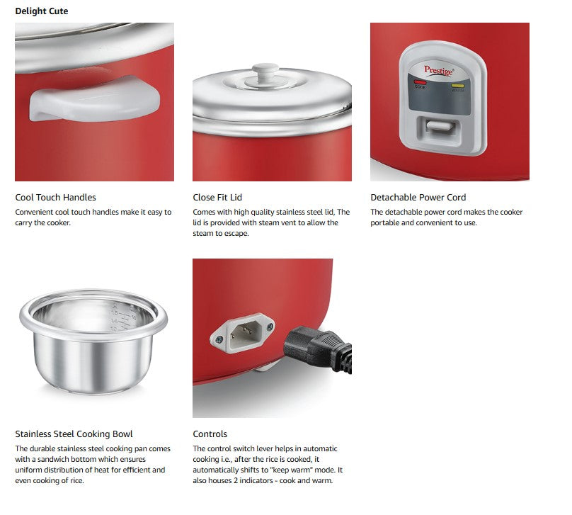 Prestige Delight Cute 1.8 SS Bowl Electric Rice Cooker(1.8L for Rice-Open Type, Silky Red, with Stainless Steel Cooking Pan 4.4L Volume,700 W)