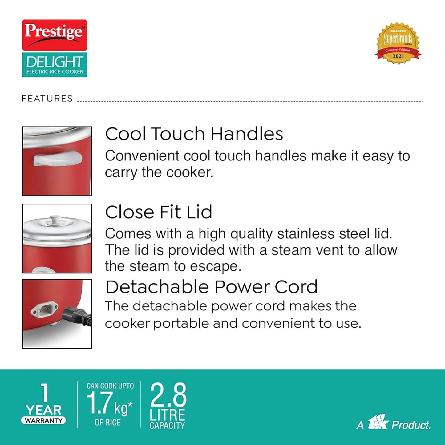 Prestige Delight Cute 2.8 SS Electric Rice Cooker(2.8L for Rice-Open Type, Silky Red, with Stainless Steel Cooking Pan 7.1 L Volume, 1000 W)