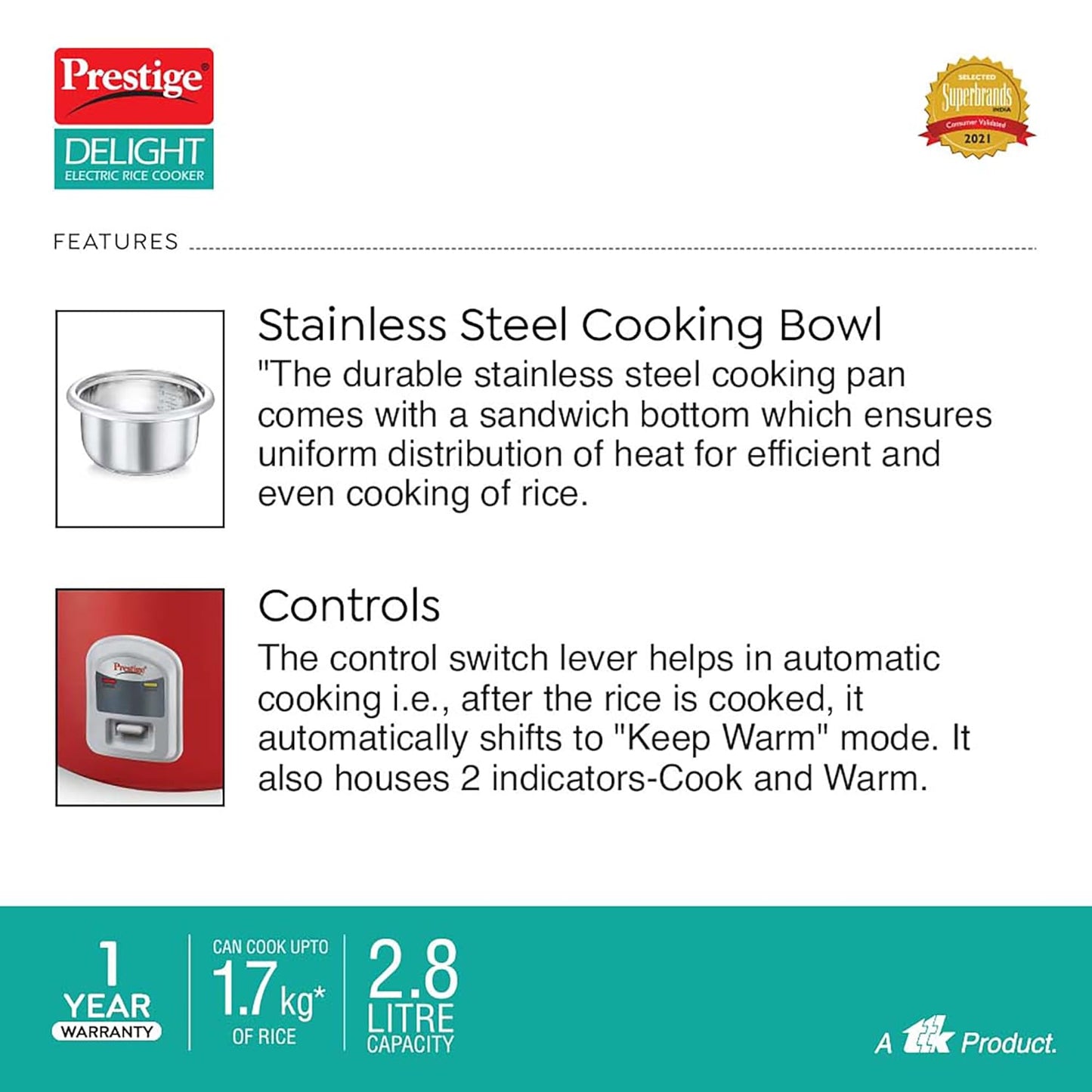 Prestige Delight Cute 2.8 SS Electric Rice Cooker(2.8L for Rice-Open Type, Silky Red, with Stainless Steel Cooking Pan 7.1 L Volume, 1000 W)