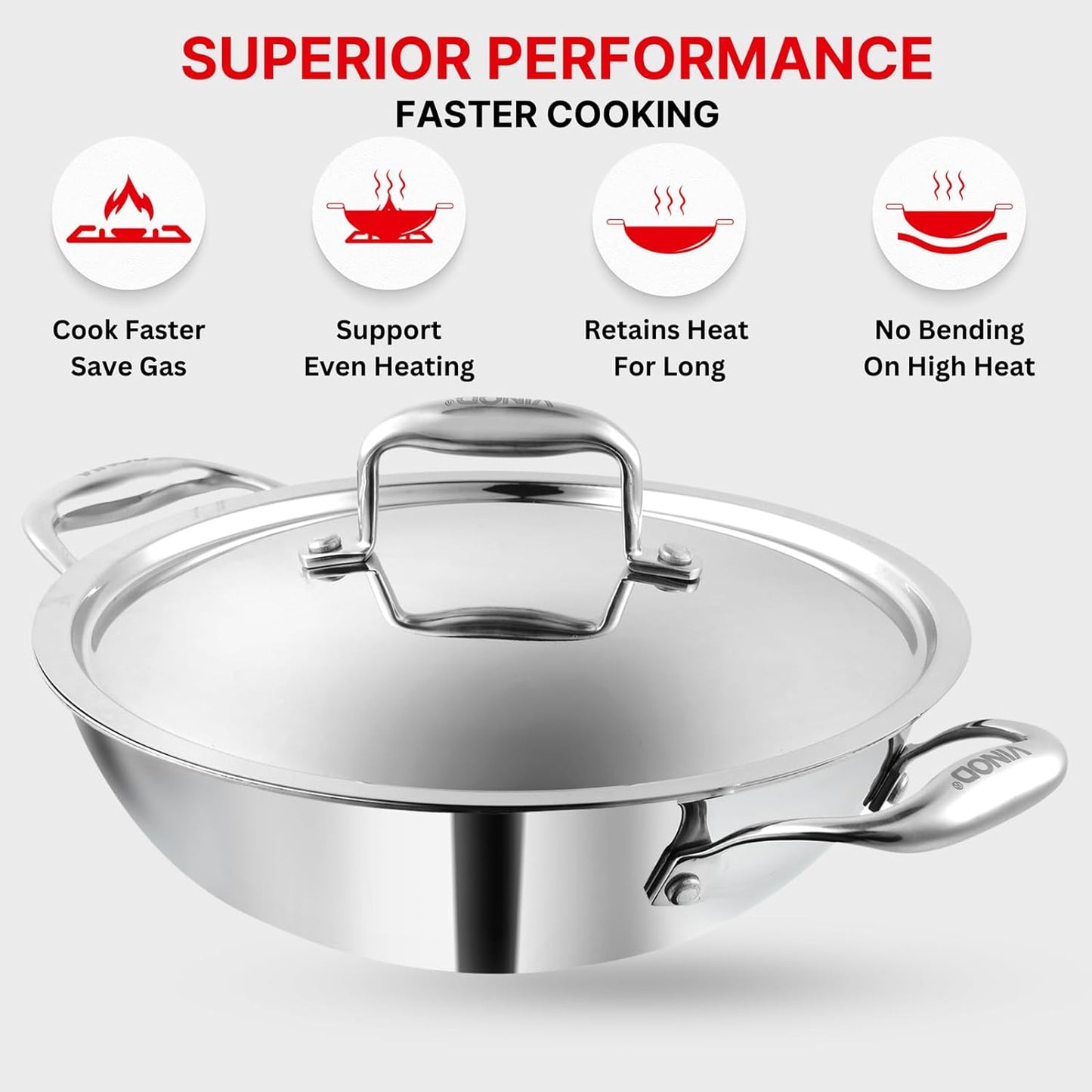 Vinod Platinum Extra deep Triply Stainless Steel Kadai with Lid | 2.5 mm Thick | Triply Kadai with Heavy Bottom | Induction Friendly Triply Stainless Steel Cookware