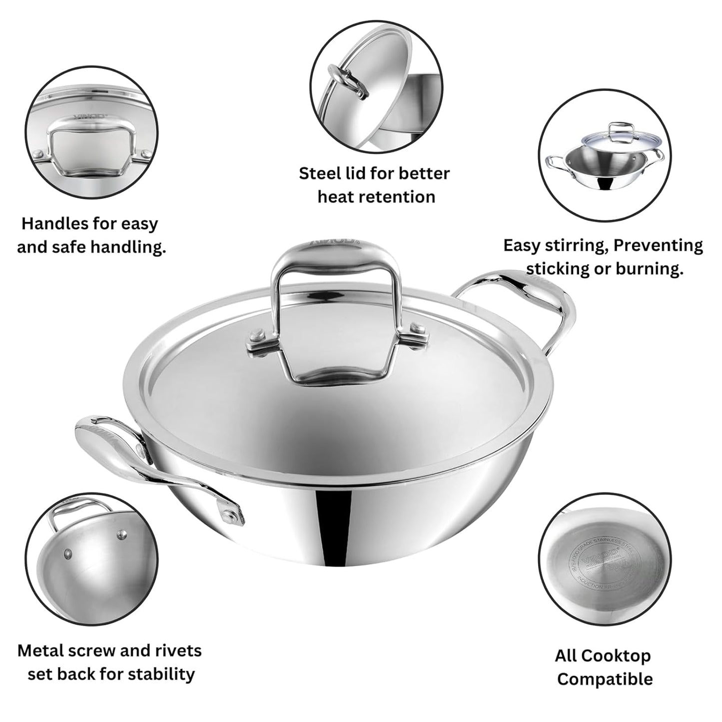 Vinod Platinum Extra deep Triply Stainless Steel Kadai with Lid | 2.5 mm Thick | Triply Kadai with Heavy Bottom | Induction Friendly Triply Stainless Steel Cookware