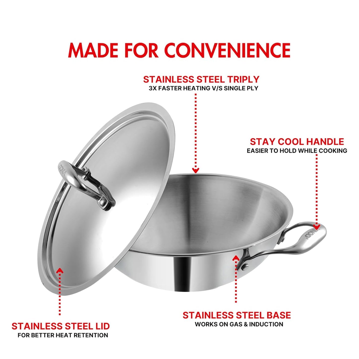 Vinod Platinum Extra deep Triply Stainless Steel Kadai with Lid | 2.5 mm Thick | Triply Kadai with Heavy Bottom | Induction Friendly Triply Stainless Steel Cookware