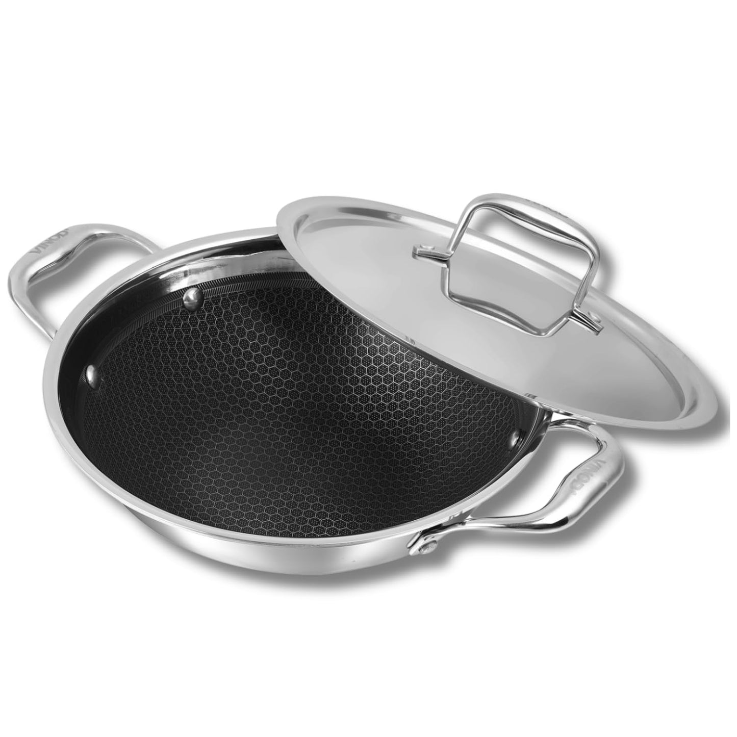 Vinod SAS Pro Platinum Stainless Steel Non Stick Extra Deep Kadai with Lid- Hexa Design Triply Kadhai/Ceramic Coating, Induction Base