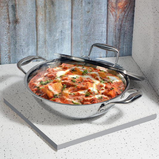 Vinod SAS Pro Platinum Stainless Steel Non Stick Extra Deep Kadai with Lid- Hexa Design Triply Kadhai/Ceramic Coating, Induction Base