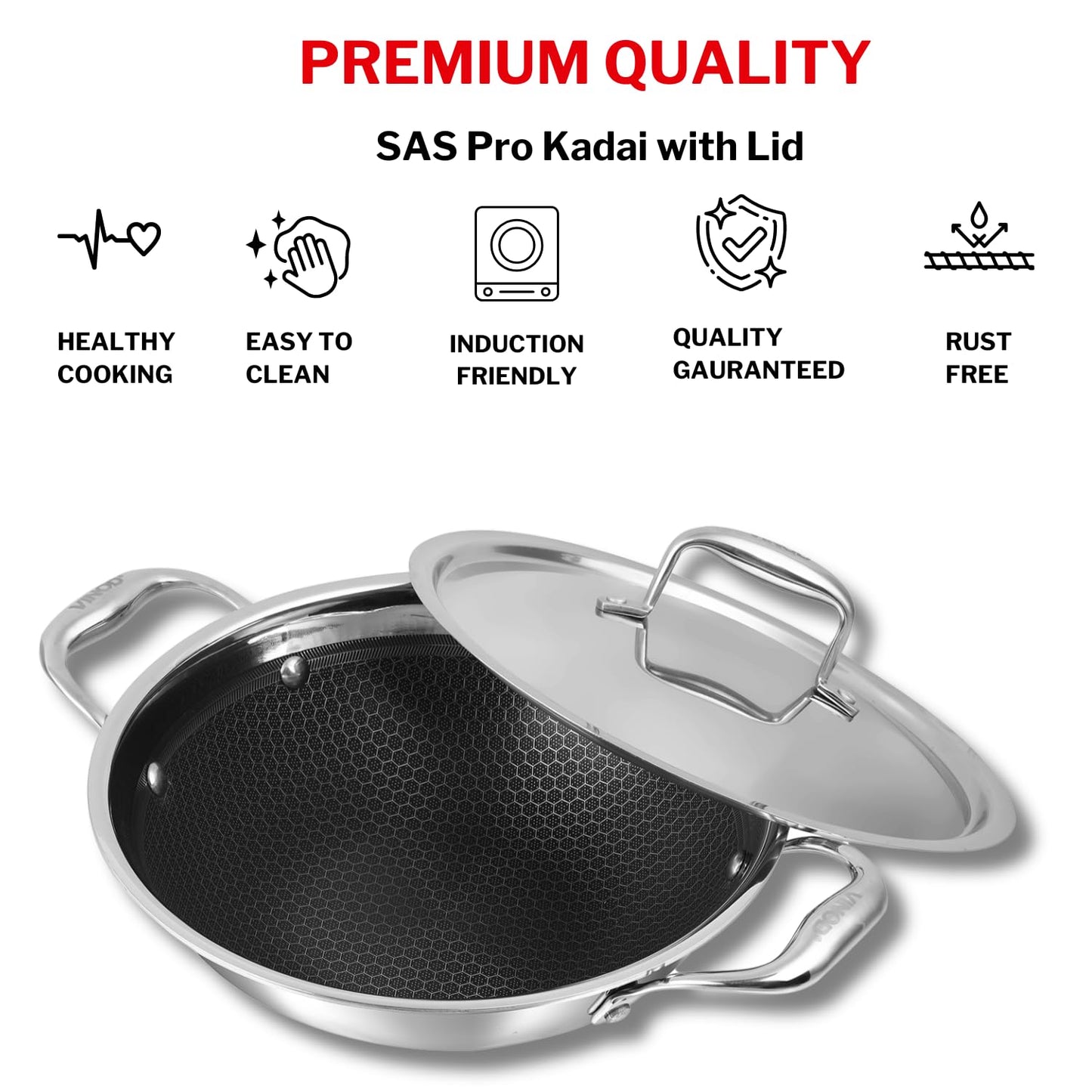 Vinod SAS Pro Platinum Stainless Steel Non Stick Extra Deep Kadai with Lid- Hexa Design Triply Kadhai/Ceramic Coating, Induction Base