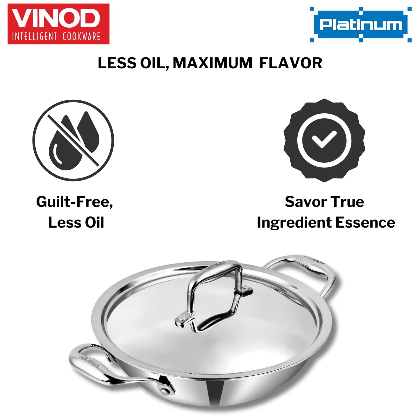 Vinod SAS Pro Platinum Stainless Steel Non Stick Extra Deep Kadai with Lid- Hexa Design Triply Kadhai/Ceramic Coating, Induction Base