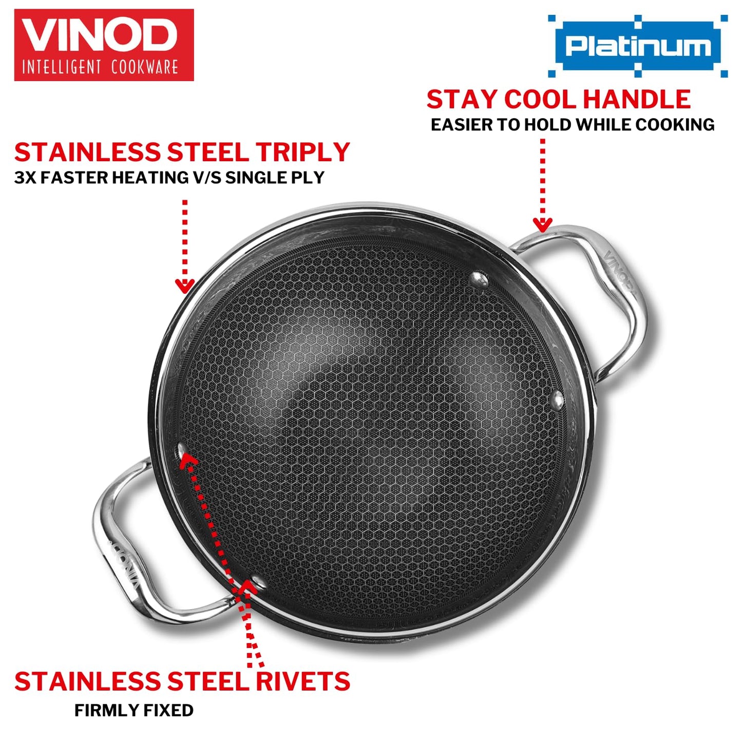 Vinod SAS Pro Platinum Stainless Steel Non Stick Extra Deep Kadai with Lid- Hexa Design Triply Kadhai/Ceramic Coating, Induction Base