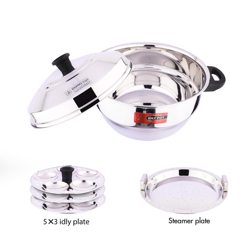Eurostyle Compact Deluxe -15 Stainless Steel Idli Cookware & Steamer - Idli, Idiyappam, Dhokla & Vegetable Steamer(2in 1) 3 Idli Plates (15 idlis) &1 Steamer(Stainless Steel) - EUS_Comp_15_D