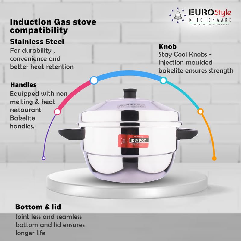 Eurostyle Compact Deluxe -15 Stainless Steel Idli Cookware & Steamer - Idli, Idiyappam, Dhokla & Vegetable Steamer(2in 1) 3 Idli Plates (15 idlis) &1 Steamer(Stainless Steel) - EUS_Comp_15_D