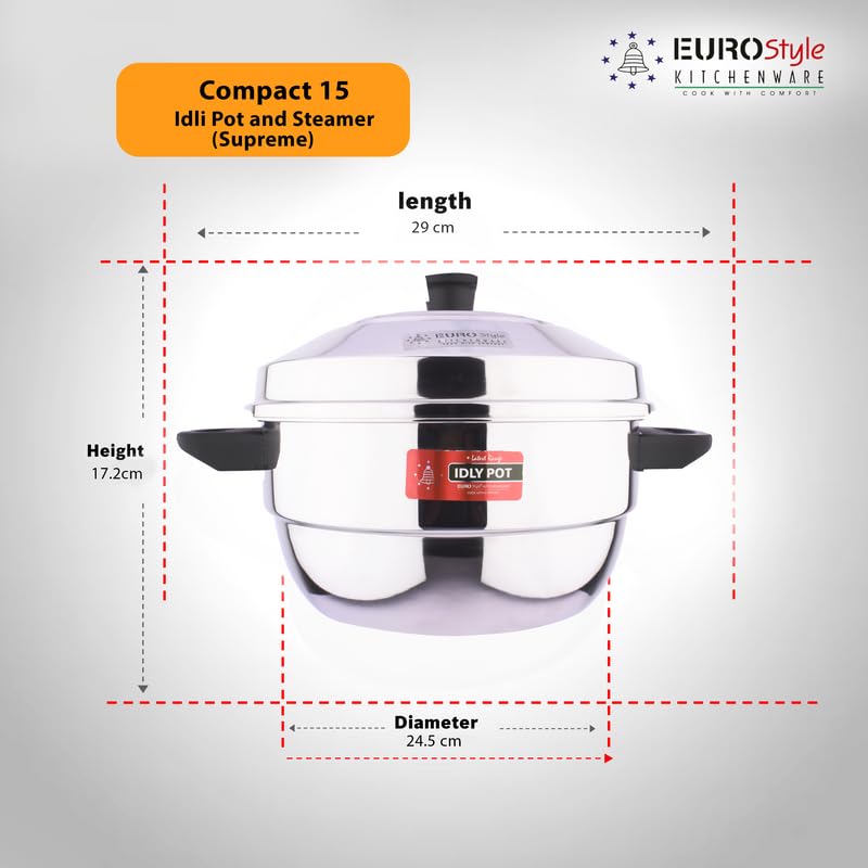 Eurostyle Compact Supreme -15 Stainless Steel Idli Cookware & Steamer - Idli, Idiyappam, Dhokla & Vegetable Steamer(2in 1) 3 Idli Plates (15 idlis), 1 Mini Idli Plate & 1 Steamer (Stainless Steel) - EUS_Comp_15_Sup