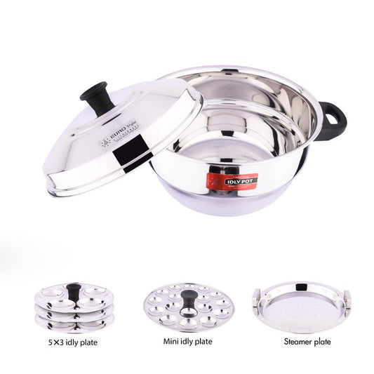 Eurostyle Compact Supreme -15 Stainless Steel Idli Cookware & Steamer - Idli, Idiyappam, Dhokla & Vegetable Steamer(2in 1) 3 Idli Plates (15 idlis), 1 Mini Idli Plate & 1 Steamer (Stainless Steel) - EUS_Comp_15_Sup