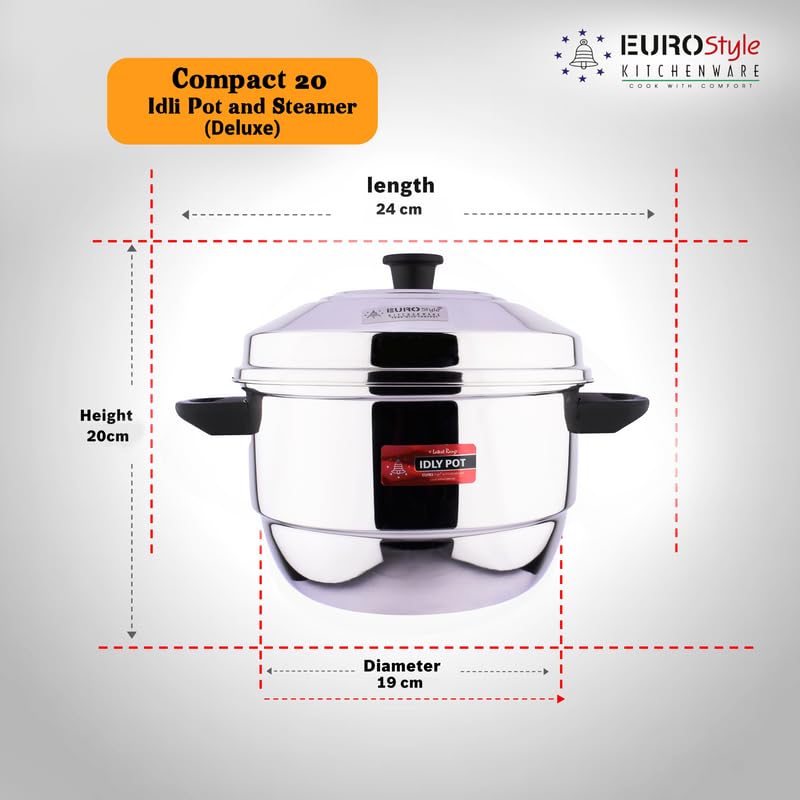 Eurostyle Compact Deluxe -20 Stainless Steel Idly Cookware & Steamer - Idli, Idiyappam, Dhokla & Vegetable Steamer(2in 1) 4 Idly Plates (20 idlis) &1 Steamer(Stainless Steel) - EUS_Comp_20_D