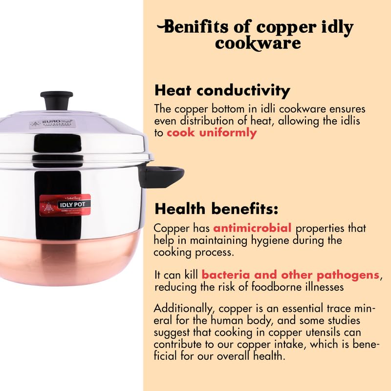 Eurostyle Compact Deluxe -20 Copper Bottom, Idly Cookware & Steamer Idli, Idiyappam, Dhokla & Vegetable Steamer(2in 1) 4 Idly Plates (20 idlis) &1 Steamer (Copper Bottom) - EUS_Comp_20_D_CB
