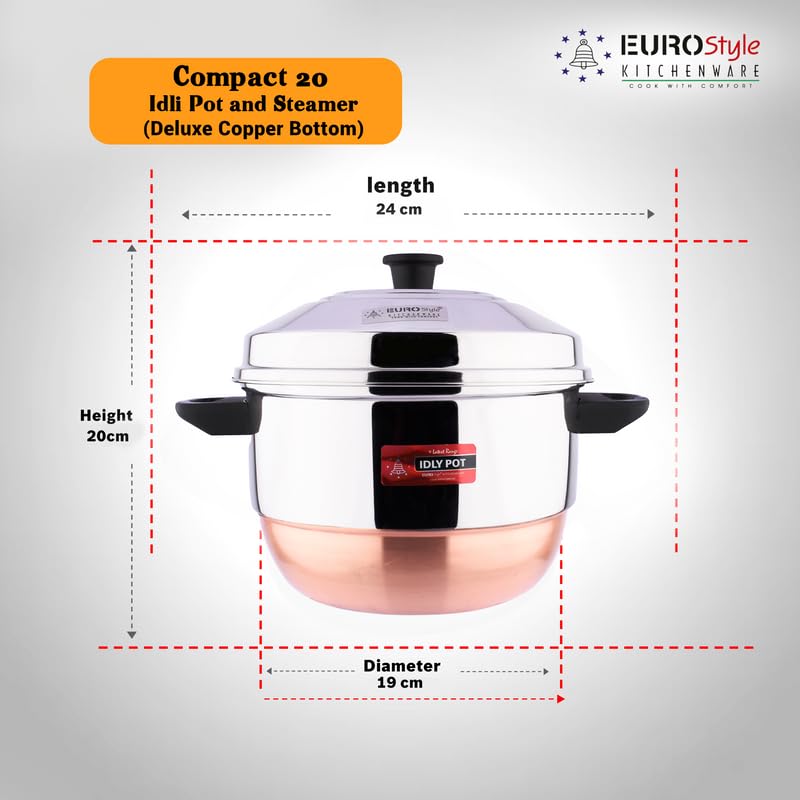 Eurostyle Compact Deluxe -20 Copper Bottom, Idly Cookware & Steamer Idli, Idiyappam, Dhokla & Vegetable Steamer(2in 1) 4 Idly Plates (20 idlis) &1 Steamer (Copper Bottom) - EUS_Comp_20_D_CB