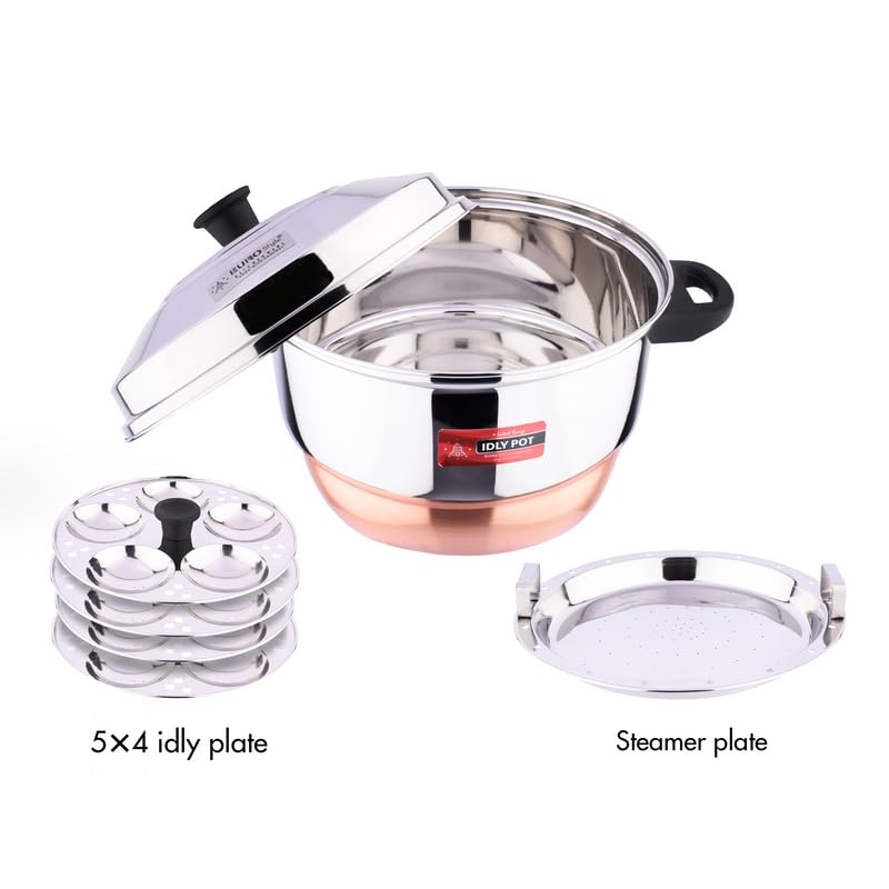 Eurostyle Compact Deluxe -20 Copper Bottom, Idly Cookware & Steamer Idli, Idiyappam, Dhokla & Vegetable Steamer(2in 1) 4 Idly Plates (20 idlis) &1 Steamer (Copper Bottom) - EUS_Comp_20_D_CB