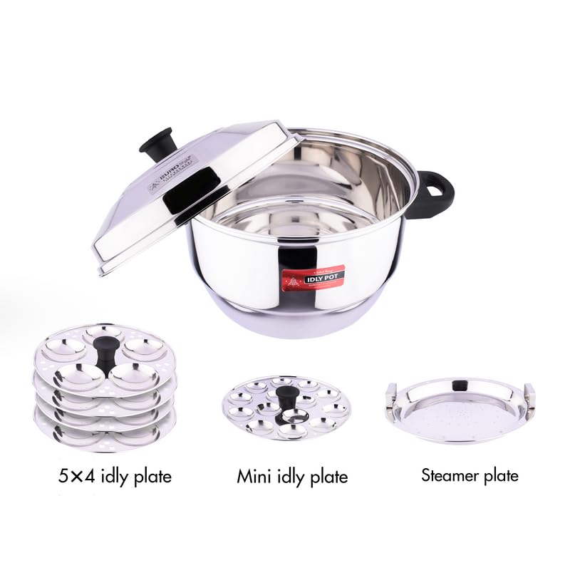 Eurostyle Compact Supreme -20 Stainless Steel Idli Cookware & Steamer - Idli, Idiyappam, Dhokla & Vegetable Steamer(2in 1) 4 Idly Plates (20 idlis), 1 Mini Idli Plate &1 Steamer (Stainless Steel) - EUS_Comp_20_Sup