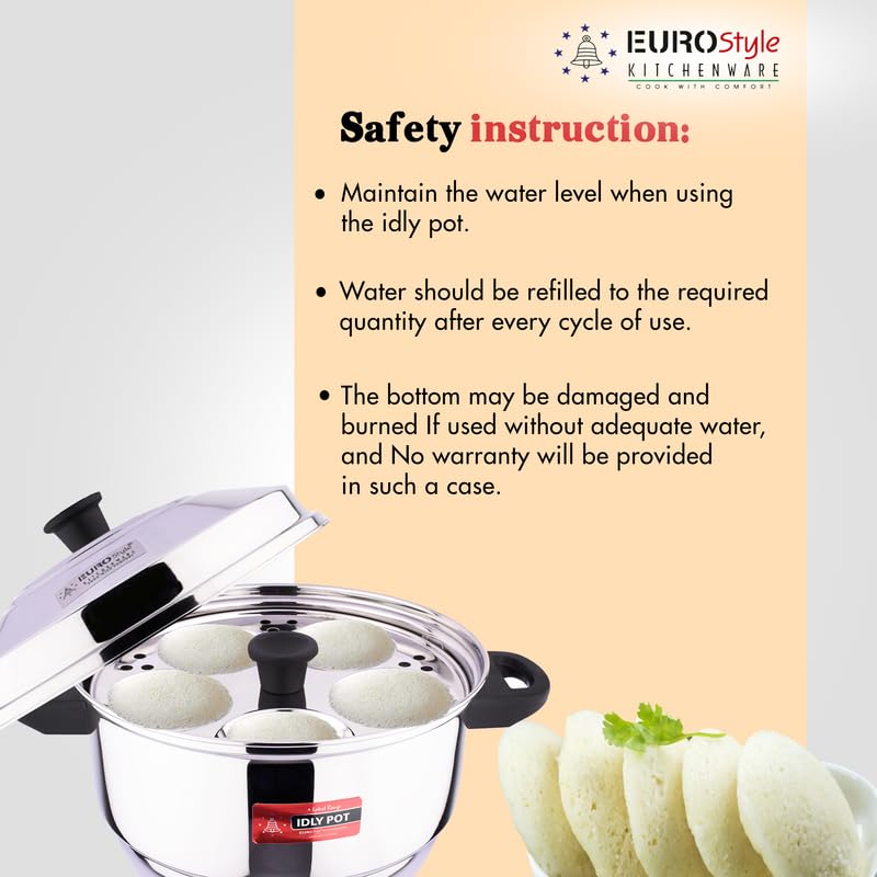 Eurostyle Compact Supreme -20 Stainless Steel Idli Cookware & Steamer - Idli, Idiyappam, Dhokla & Vegetable Steamer(2in 1) 4 Idly Plates (20 idlis), 1 Mini Idli Plate &1 Steamer (Stainless Steel) - EUS_Comp_20_Sup