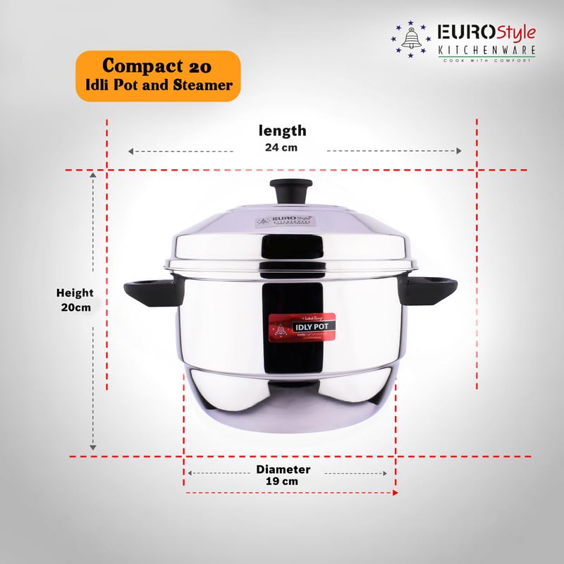 Eurostyle Compact Supreme -20 Stainless Steel Idli Cookware & Steamer - Idli, Idiyappam, Dhokla & Vegetable Steamer(2in 1) 4 Idly Plates (20 idlis), 1 Mini Idli Plate &1 Steamer (Stainless Steel) - EUS_Comp_20_Sup