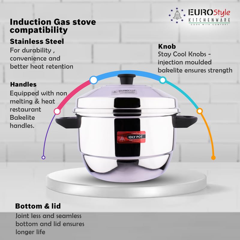 Eurostyle Compact Supreme -20 Stainless Steel Idli Cookware & Steamer - Idli, Idiyappam, Dhokla & Vegetable Steamer(2in 1) 4 Idly Plates (20 idlis), 1 Mini Idli Plate &1 Steamer (Stainless Steel) - EUS_Comp_20_Sup